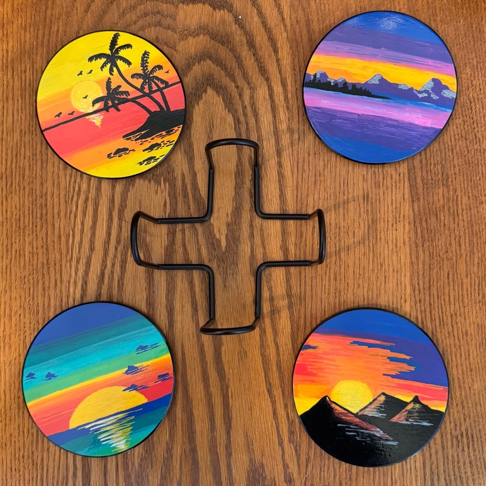 Hand Painted Ceramic Coasters Sunset Scenes Set Of 4 Signed Cork Backing Holder